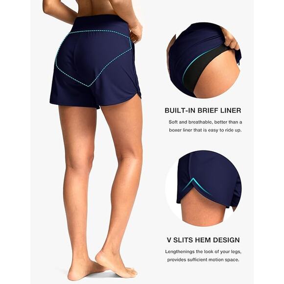 NWT New G Gradual Womens XL Navy High Waisted Drawstring Waist Lined Swim Shorts - Picture 3 of 6